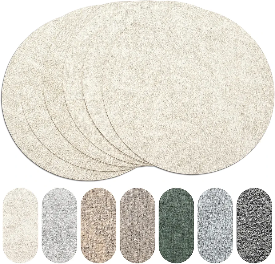 Round Placemats Set of 6, Reversible Faux Leather Heat Resistant Table Mats, 100% Waterproof Oilproof Wipeable Table Protective Placemats for Vinyl, Washable for Indoor & Outdoor Use (6, Beige)