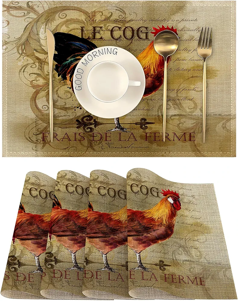 Vintage Watercolor Rooster Placemats Linen Table Place Mats Set of 4 Non-Slip Heat Resistant Table Mats for Dining Kitchen Cabin Decor 12x18 Inch