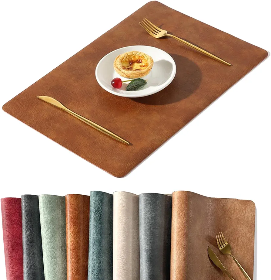Univo Colors Washed Cowhide Pattern PU Leather Placemats Set of 8 Heat Resistant Kitchen Table Mats, Waterproof Wipeable for Party Decoration(Reddish Brown)