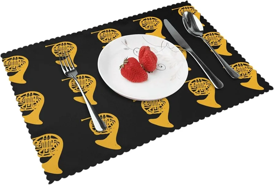 Golden Gold French Horn Stain Resistant Placemats Washable Table Mat Non-Slip Heat Resistant Place Mats 12x18 Inch for Party Dining Home Catering Decoration Set of 4