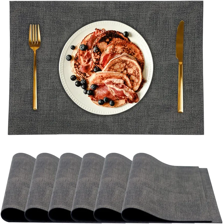 Faux Leather Heat Resistant Placemats for Dining Table Set of 6, Waterproof Wipeable Washable PU Table Mats for Indoor & Outdoor, Easy to Clean Anti-Slip Place, 11.8" x 17" (Black)