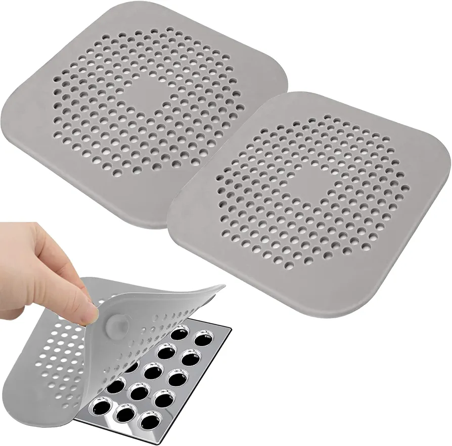 Shower Drain Hair Catcher - Silicone Square Drain Cover for Shower or Kitchen Drain - Catches Hair & Debris without Blocking Drainage - 5.7- inch Square Drain with Suction Cups 2 Pack (Grey)