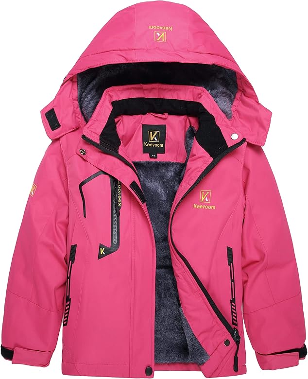 Keevoom Girl's Waterproof Ski Jacket Fleece Snow Coat Windproof Warm Winter Snowboarding Jacket with Removable Hood