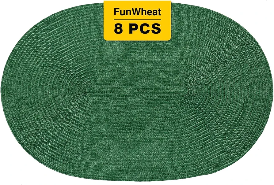 FunWheat Oval Braided Placemats Set of 8 Table Mats for Dining Tables Washable Heat Resistant Place Mats for Indoor Outdoor Use 12 x18 Inch(Oval Black Green, 8pcs)