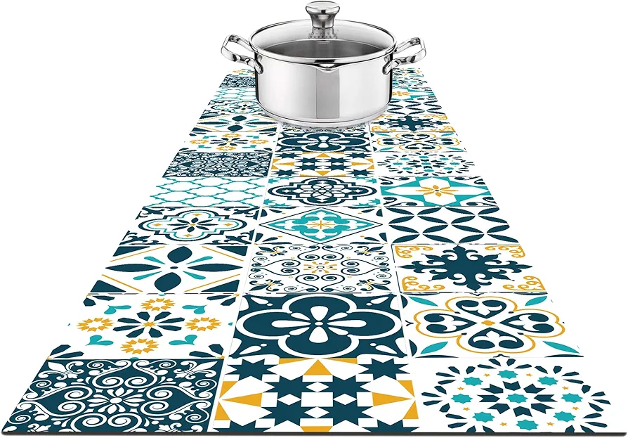 Hotrun 2 in 1 Heat Resistant Trivet & Table Runner, 47 Inches Long Trivet for Hot Pots and Pans, Handles Heat Up to 356F, Anti Slip, Waterproof, Ideal for Countertops (Floral Turquoise)