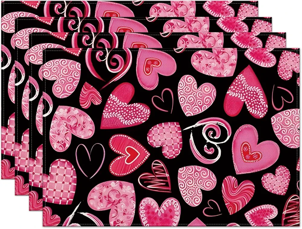 Valentine's Day Placemats Set of 4, 12x18 Inch Pink Love Hearts Black Heat-Resistant Table Mats Anniversary Wedding Table Decors for Farmhouse Kitchen Dining Party