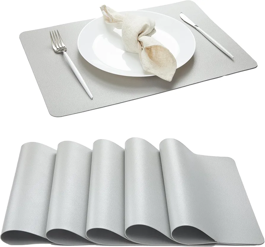 DOLOPL Faux Leather Placemats Set of 6, Heat Resistant Table mats - Anti Slip Table Place Mats, Washable Wipeable Outdoor Placemats for Kitchen Dining Room Table Decorations, Light Grey