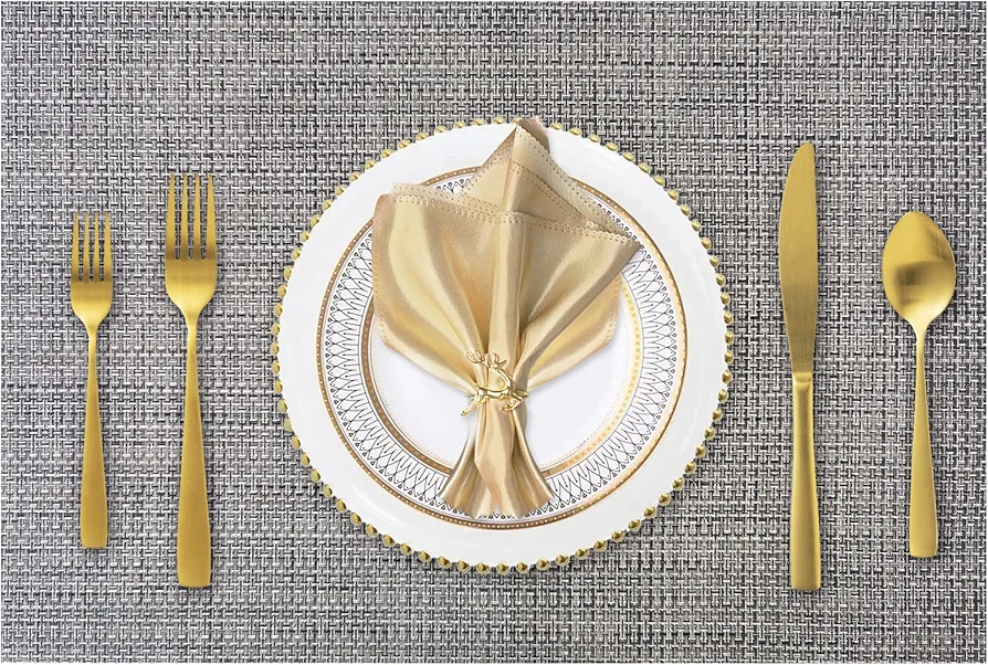 Placemats Set of 6 Heat Resistant Placemats for Dining Table Woven Vinyl Place Mats Easy Clean Washable Table Mats 18 x 12 inches (Black- Silver Shiny Yarn, 6)
