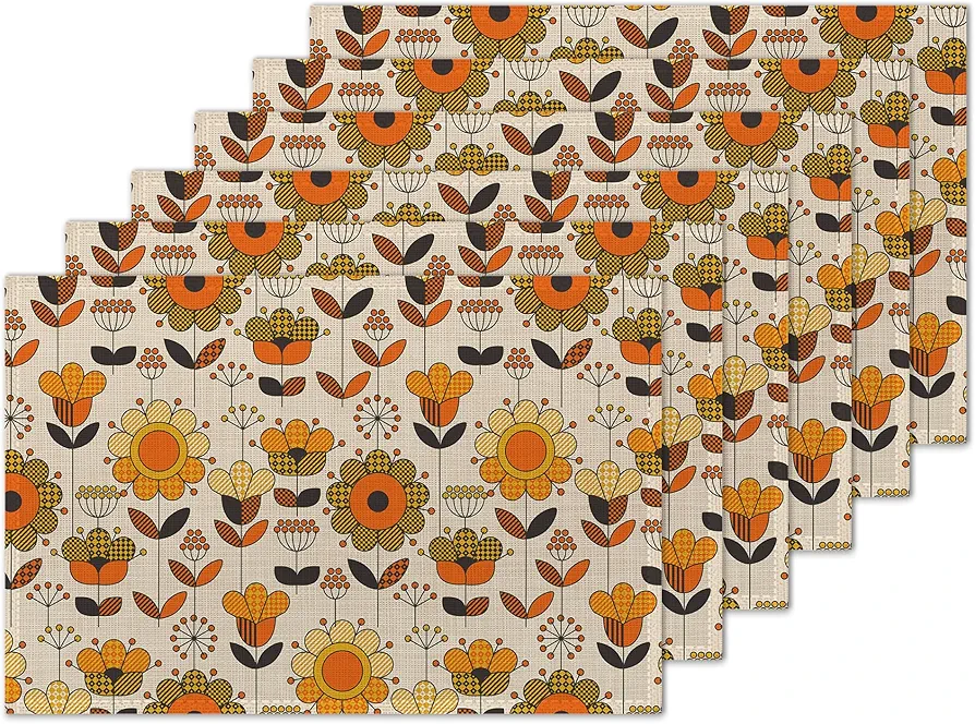 Placemats Set of 6,Retro 60s Sunflowers Linen Place Mats,Modern Washable Table Placemats 12"x18" Heat Resistant Table Mats for Dining Kitchen Party Holiday Decoration