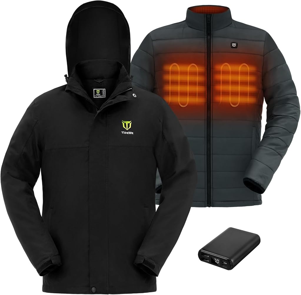 TIDEWE Men’s Heated Jacket 3-in-1 with Hood and Battery Pack, Heated Coat for Hunting, Skiing