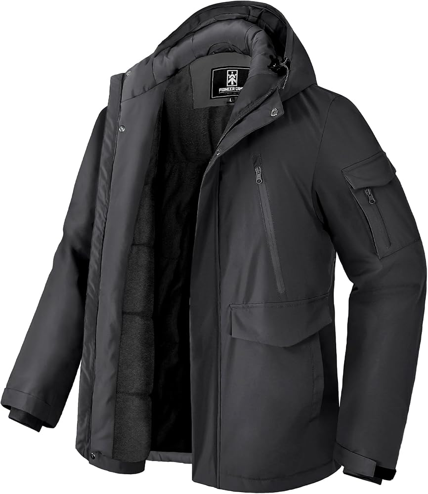 Pioneer Camp Men's Winter Coat Waterproof Fleece Lined Warm Winter Jacket with 9 Pockets Insulated Windproof Hooded Parka