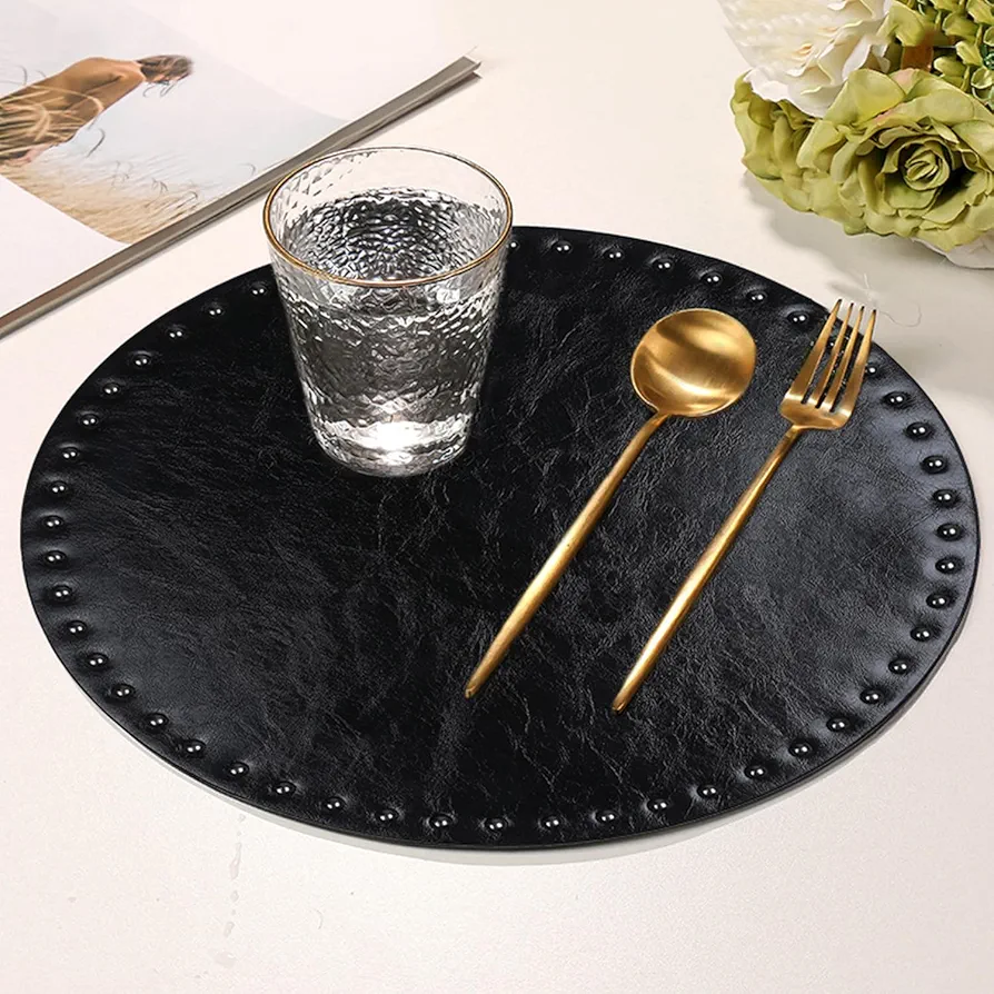 FAVE Faux Leather Placemats Round Placemats Set of 2 Heat Resistant Place Mats for Kitchen Table Wipeable Black Fall Placemats Table Mats with Rivets High Texture Indoor Outdoor Placemats (Black)