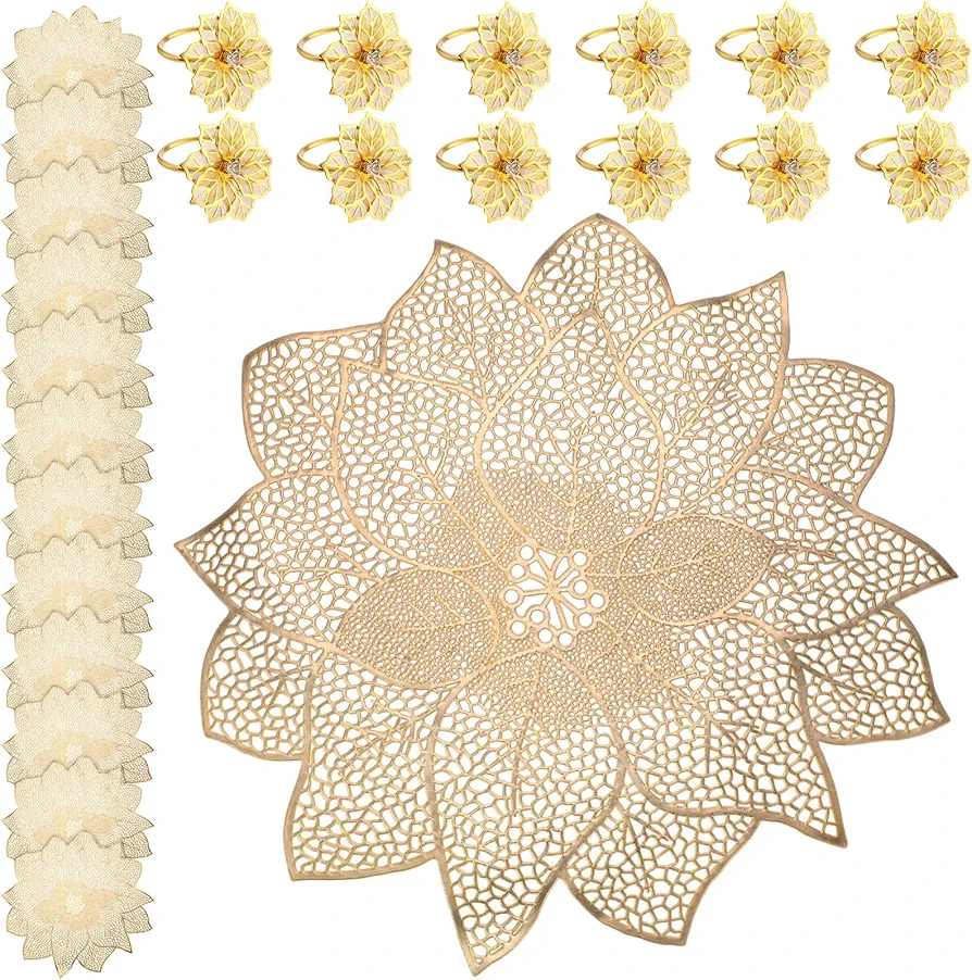 Nuogo Set of 12 Christmas Placemats for Dining Table and Napkin Rings Christmas Vinyl Table Mats Heat Resistant Washable Placemats for Christmas Dinner Table Decorations