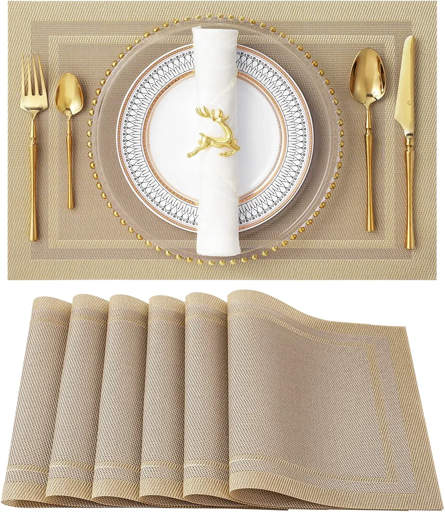 SENDAY Placemats, Set of 6 Heat-Resistant Placemats Stain Resistant Anti-Skid Placemats for Kitchen Table, Washable Durable PVC Table Mats Woven Vinyl Placemats