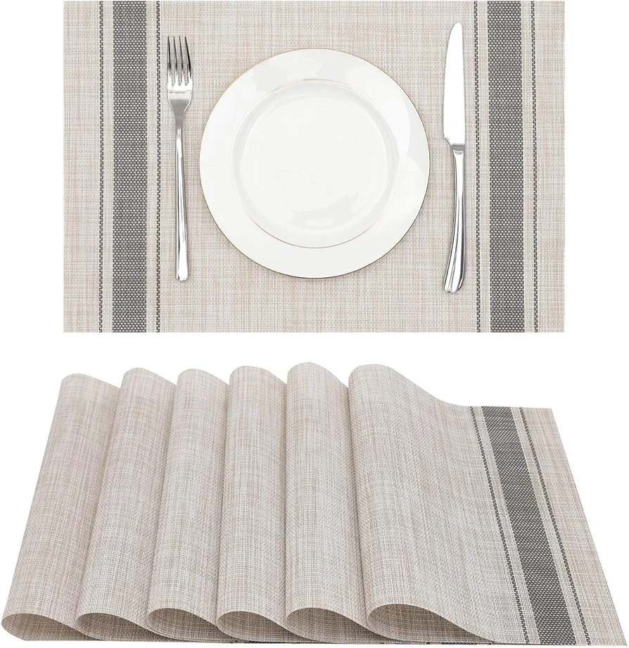 Vinyl Placemat Set of 6, Dining Dish Mat Desk Dresser Protector Heat Resistant Wipeable Square Plastic Kitchen Patio Pad 12x18 Inch (Gray)