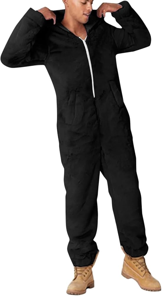 Mens Fuzzy Fleece Hooded Jumpsuits One Piece Zip Up Winter Pajamas Overalls with Pocket Soft Cozy Home Loungewear
