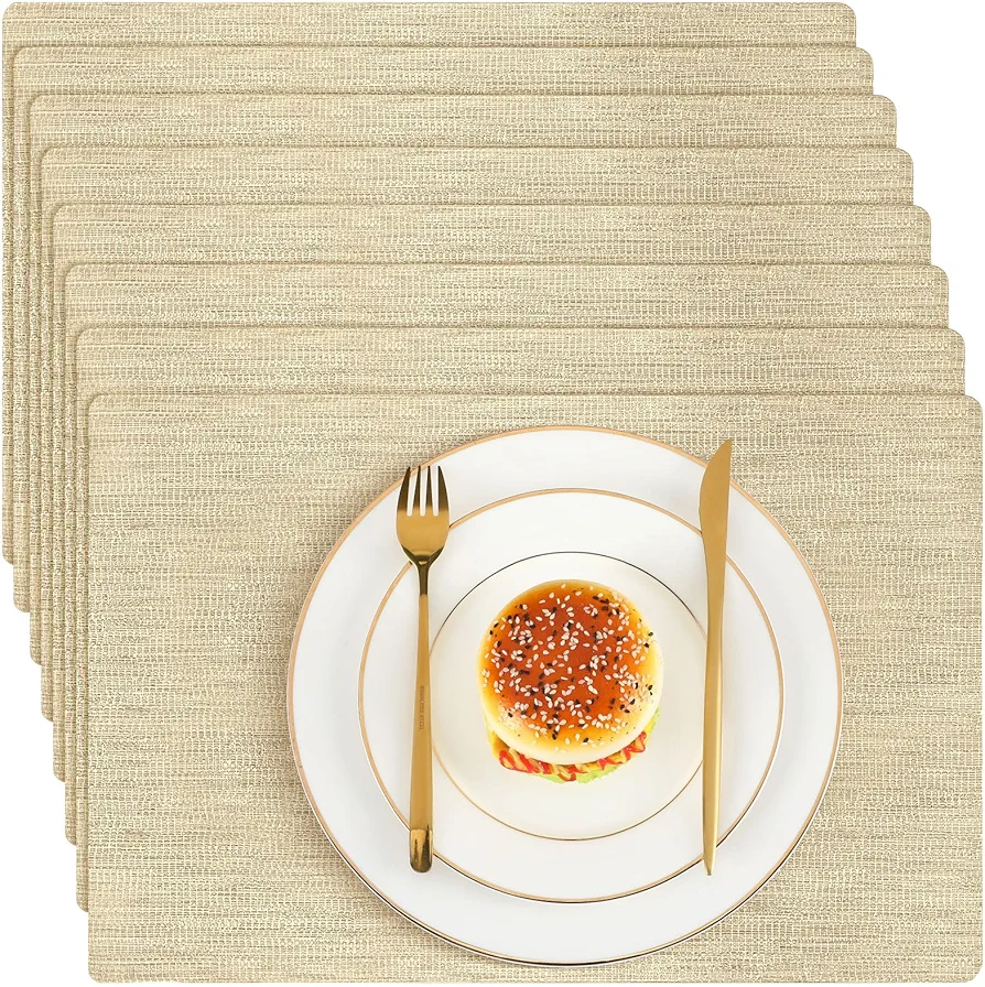Bencailor Placemats Set of 8 Washable Vinyl Placemats 12 x 18 Inch Chritsmas Heat Resistant Table Mats Easy to Clean Vinyl Weave Dinner Mats for Christmas Kitchen Dining Table, Gold(Classic Style)