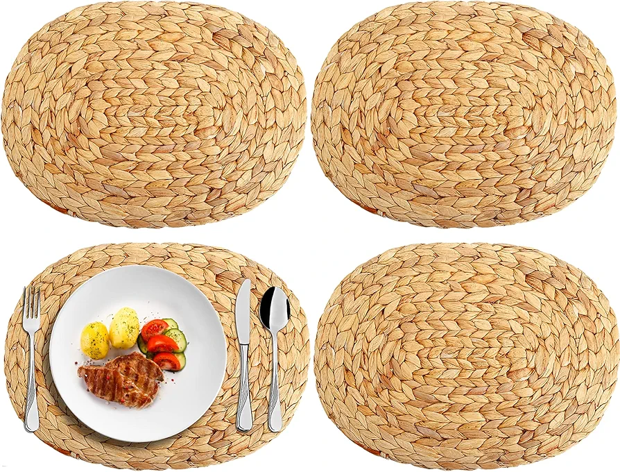 Yesland 4 Pack Oval Rattan Placemats - 15.5 X 11.5 Inch Water Hyacinth Woven Place Mat Heat Resistant Table Mats - Rustic Seagrass Placemats for Dining Table, Countertop Protection