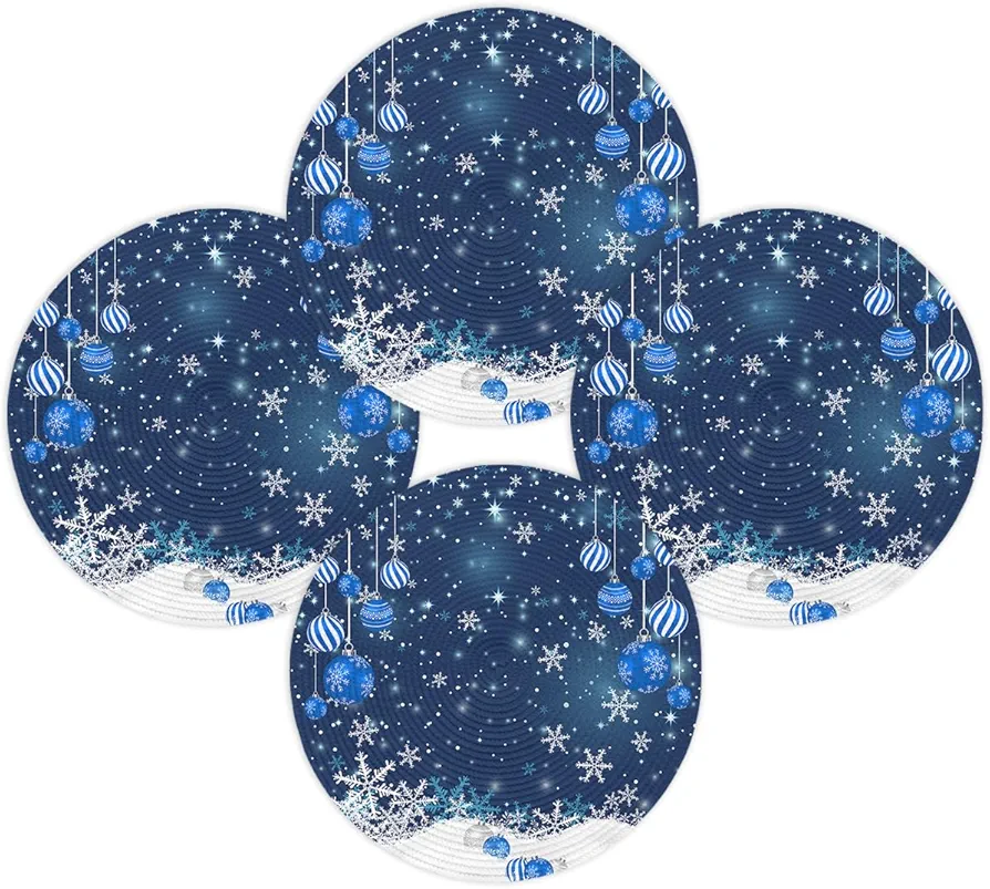 Christmas Round Placemats Set of 4 Blue Xmas Ball Snowflake Snow Place Mats Washable Woven Placemat Circle Braided Heat Resistant Table Mat for Kitchen Dining Table Holiday Party Xmas Decor 15 Inch