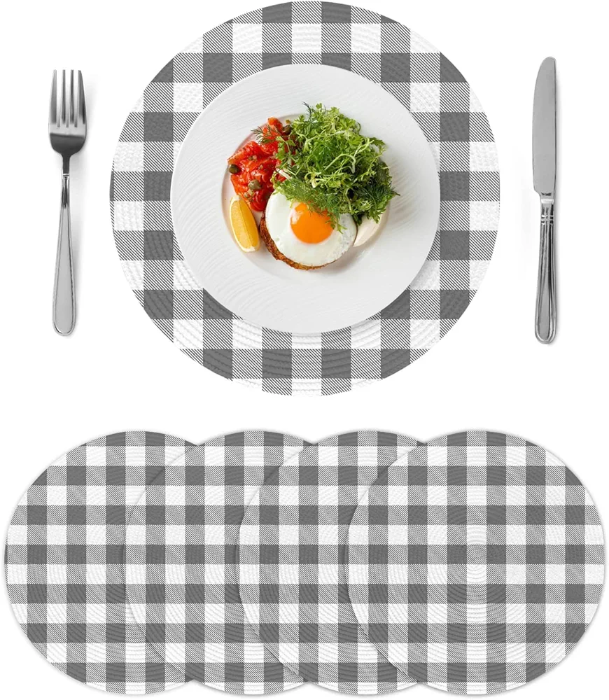 Gray Check Plaid Round Placemats Set of 4, Washable Non-Slip Table Mats for Dining Table Home Decoration, Woven Heat-Resistant Place Mats for Kitchen Tables, Geometric Grey White