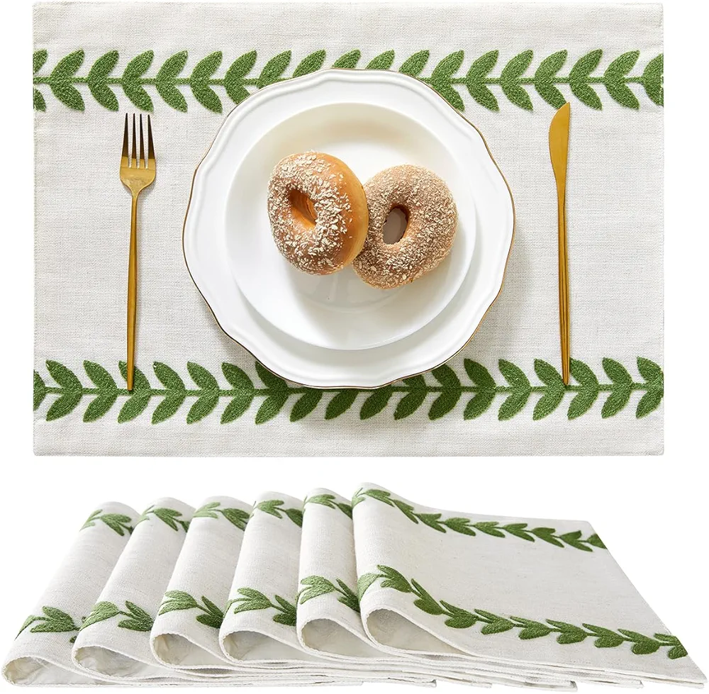 Wracra Embroidered Placemats, 13 x 18 Inch Set of 6 Placemats, Irregular Willow Rustic Place Mats for Kitchen Table and Heat Resistant, Green 6PCS