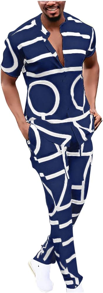 Muscularfit Men's Short Sets Outfits 2 Piece Summer Tracksuit Short Sleeve Print Shirts and Pant Set Running Sweatsuit Set