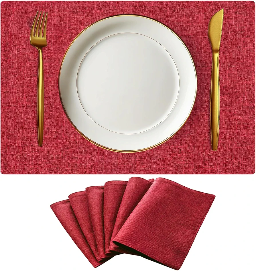 Linen Placemats Set of 6 Cloth Placemats Washable Heat Resistant Placemats Dining Table Mats Kitchen Table Plate Mats Dinner Mats Indoor Outdoor 13" x 19", Dark Red Burgundy