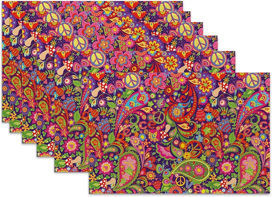 Boho Hippie Flowers Placemats Set of 6,Peace Butterfly Heat Resistant Table Mats Washable Place Mats for Party Kitchen Farmhouse Home Dining Holiday Decor 12x18 Inch
