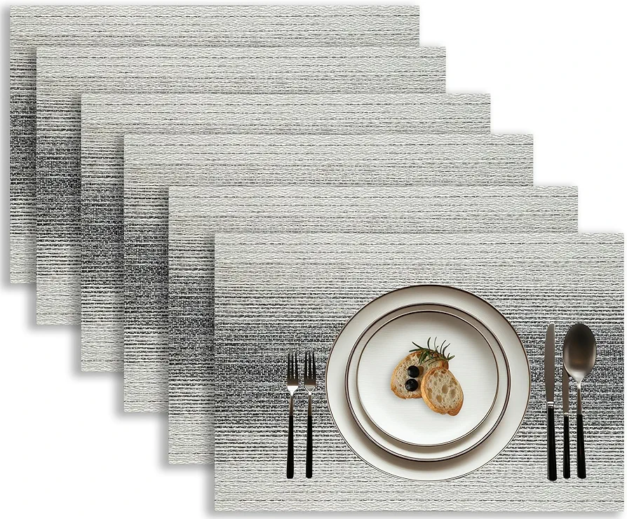 Vinyl Placemats Set of 6, PVC Woven Placemats Heat Resistant Place Mats for Table Decor, 12x18 Inch Wipeable Table Mats for Kitchen and Dining/Outdoor Indoor Table-Black&White