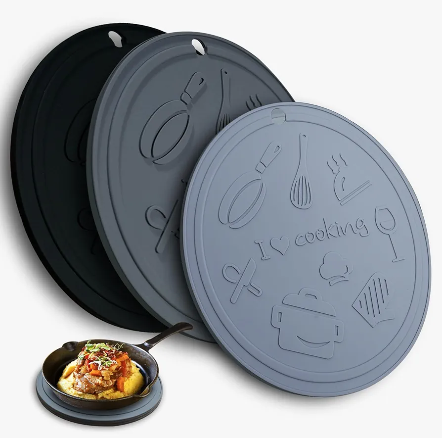 Silicone Trivet Mats - 3 Heat Resistant Pot Holders, Silicone Pot Holders for Hot Pots and Pans, Silicone Mats for Kitchen Countertops, Table, Food Grade Silicone（Black & Gray）