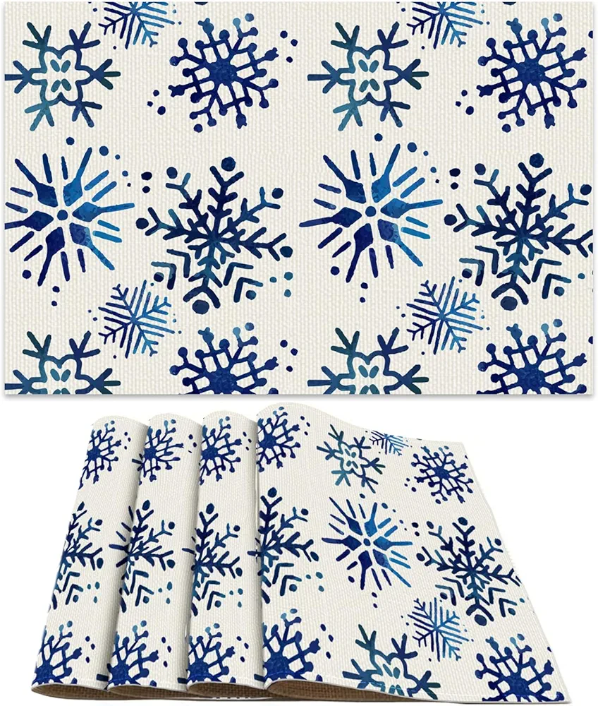 LIPOR Set of 4 Christmas Dining Table Placemats Blue Snowflake Waterproof Heat Resistant Table Mats for Seasonal Winter Christmas Holiday Party Table Decor 12"x18" (4PCS, Blue)
