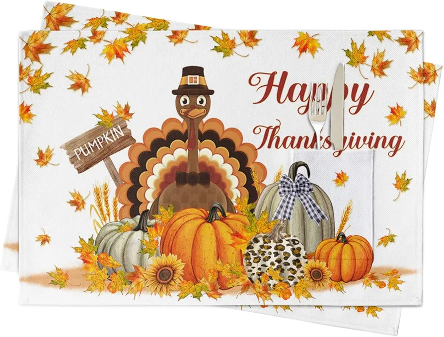 Heat-Resistance Place Mats, Sturdiness Table Mats, Indoor Outdoor Placemat - Easy to Clean Fall Leaves Happy Thanksgiving Turkey and Pumpkin Placemats with Pocket 13x19 Inch