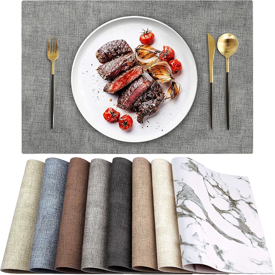 Leather Heat Resistant Placemats Set of 6 Waterproof Wipeable Washable PU Table Mats,Easy to Clean Anti-Slip Place Mats (Light Grey, 6)