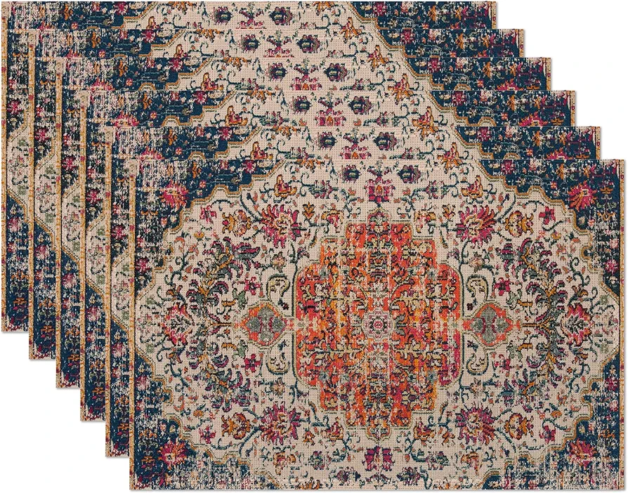 Ethnic Boho Southwest Placemats Set of 6,Orange Blue Teal Carpet Linen Washable Kitchen Dining Table Mats Heat Resistant Place Mats for Home Party Indoor Holiday 12x18 Inch