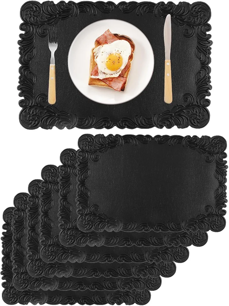 Black Placemats Set of 6 Faux Leather Placemat Wipeable Anti Oil Heat Resistant Waterproof Non Slip Table Mats Patio Placemats for Dining Table