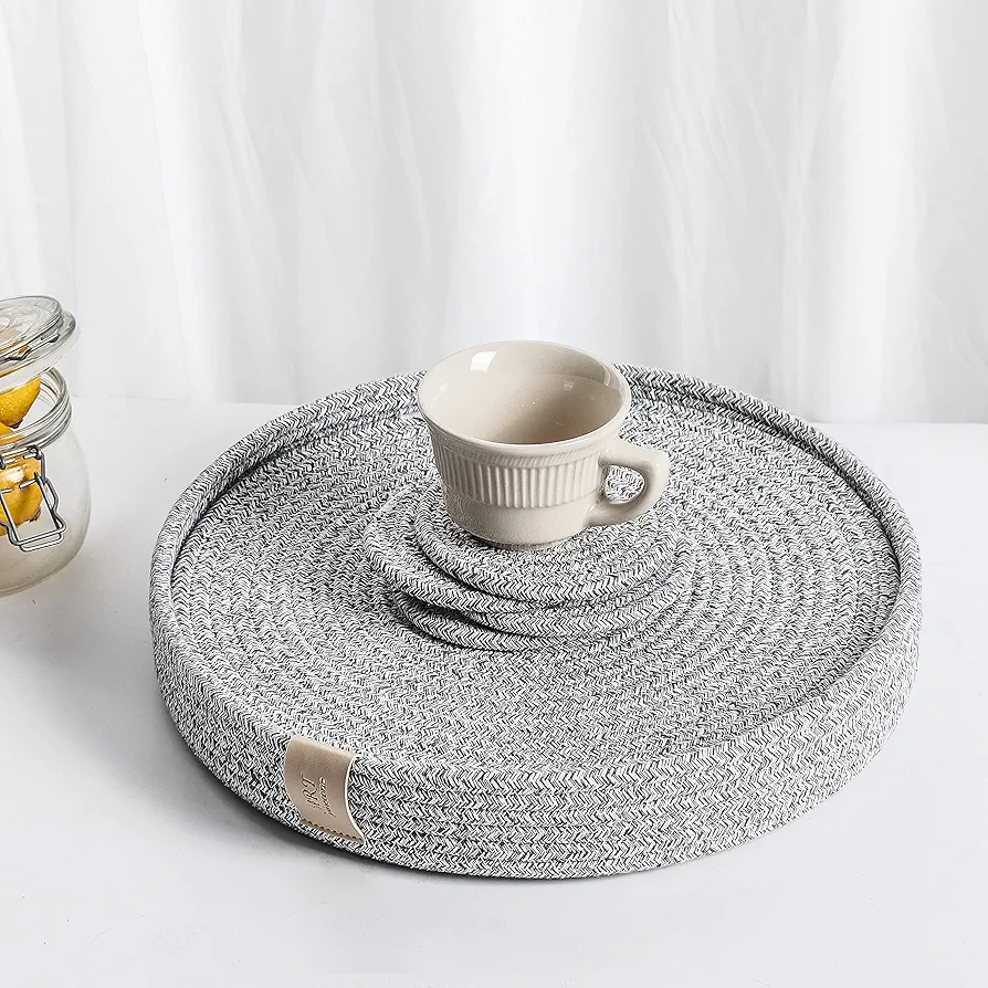Art PineCone's Woven Cotton Rope Round Placemats Set of 4 with Holder Included, Non-Slip, and Heat Resistant for Your Perfect Table Decor! (Gray Mixed, 13 inch Plus Coaster)