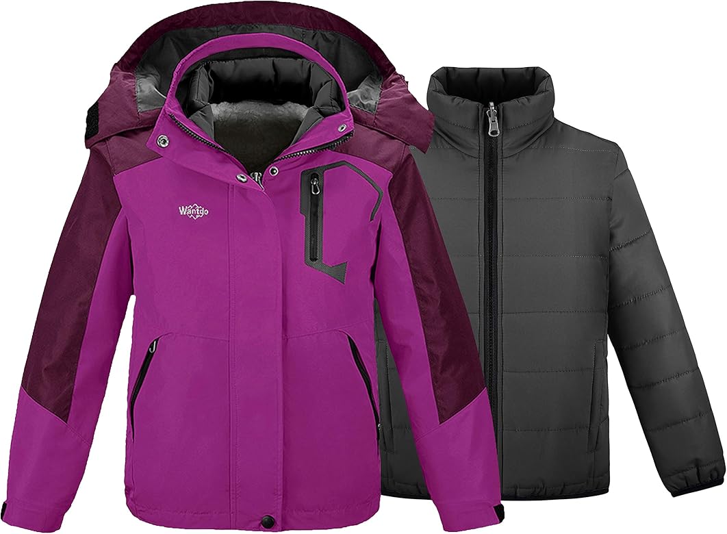 wantdo Girl's Ski Jacket Warm 3 in 1 Winter Coat Fleece Lined Snow Coat