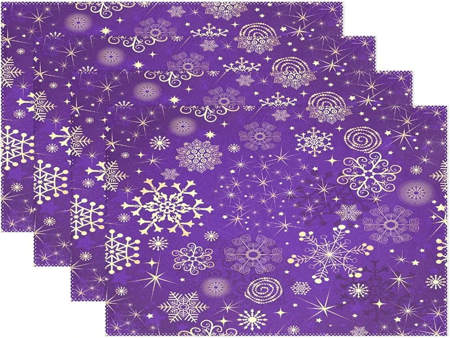 ALAZA Winter Violet Purple with Gold Snowflakes Christmas Placemats for Dining Kitchen Table Set of 4 Heat Resistant Table Mat Home Decoration Washable Place Mat