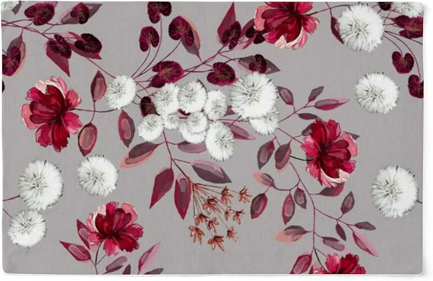 Watercolor Burgundy Flowers Linen Woven Heat Resistant Placemats Washable Place Mats Non Slip Wipeable Easy to Clean for Home Kitchen Dining Table 12x18inx4