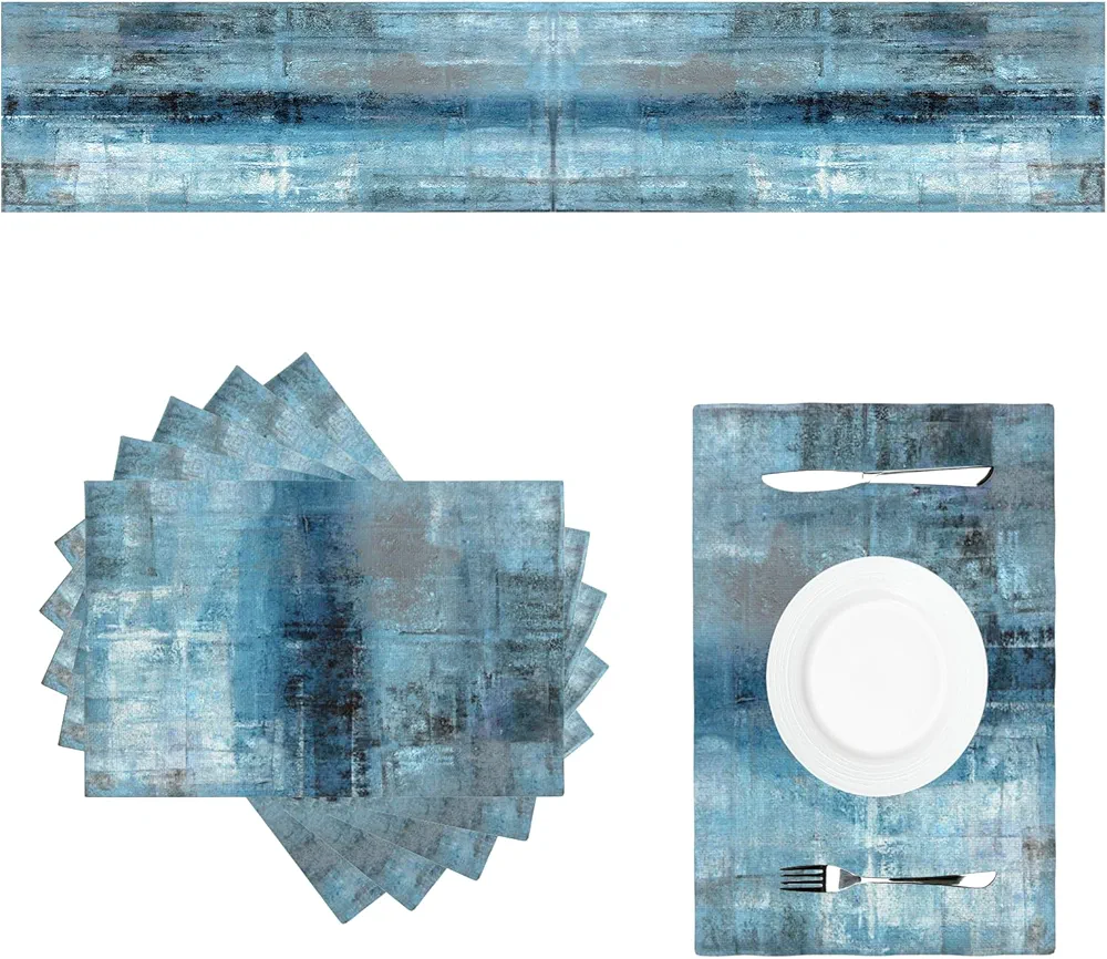 Farmhouse Table Runner and Placemats Set of 6 Washable Heat Resistant Table Mats Blue Placemat Linen Modern Abstract Painting Art Grey Cloth Place Mats for Kitchen Party Dining Table Decor,13"x72"