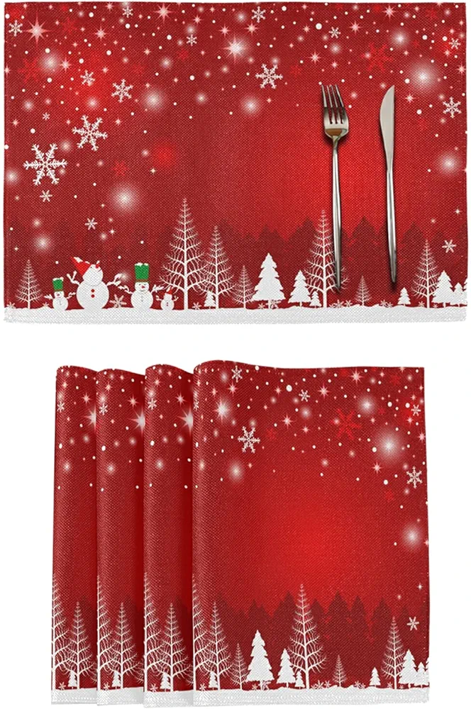 Christmas Tree Snowman Placemats Set of 6 Washable Non-Slip Burlap Table Mats Heat Resistant Place Mats for Home Kitchen Dining Party 12 X 18 in