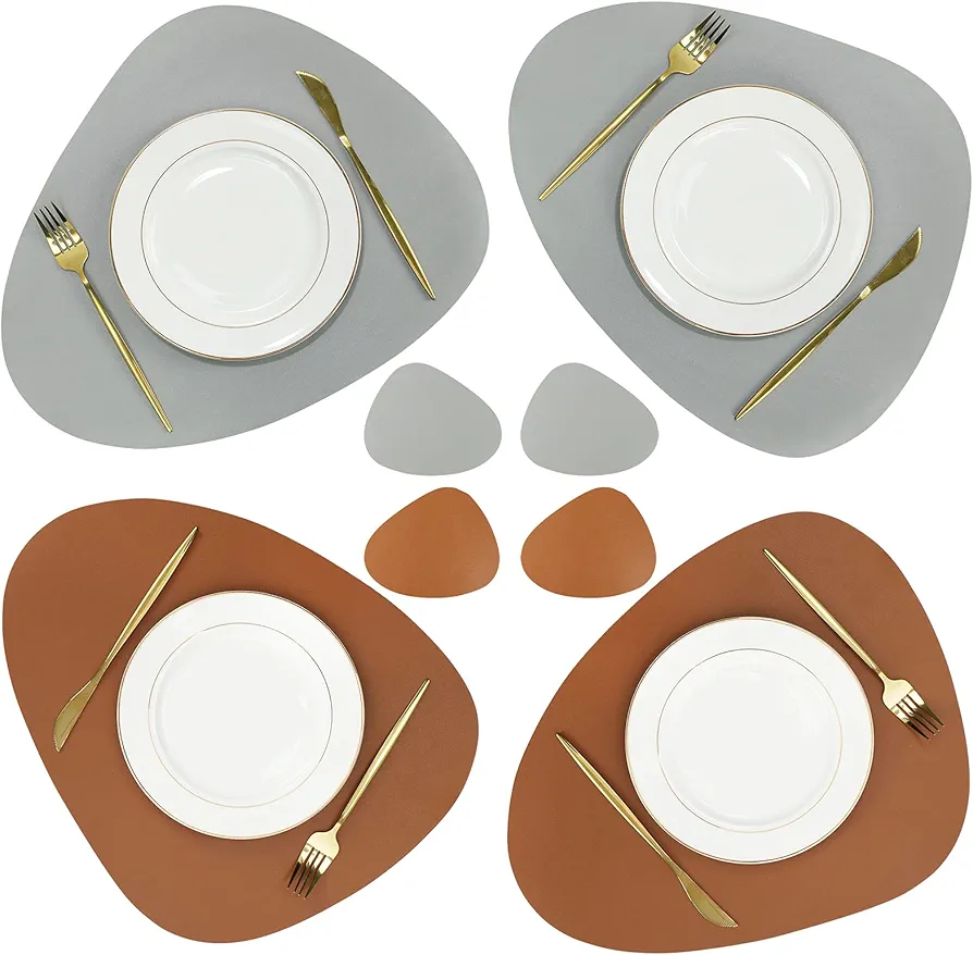 Olrla Dual-Sided Placemat and Coaster Sets 4, PU Leather Waterproof Heat-Resistant Wipeable Dining Table Mats for Home Kitchen Restaurant Indoor Outdoor(Brown/Grey)