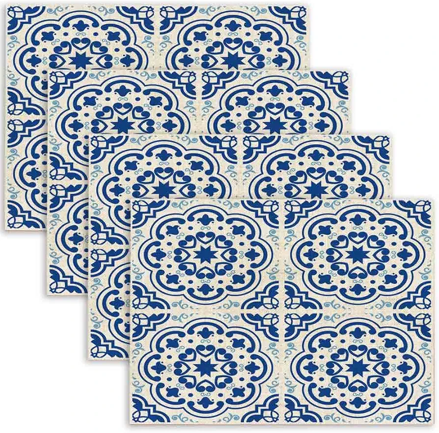 Placemats Set of 4 Portuguese Tile Floor Pattern Indigo Blue Tiles Linen Table Mats Easy to Clean Heat-Resistant Placemats for Dining Table Kitchen Decor Outdoor 12X18 Inch