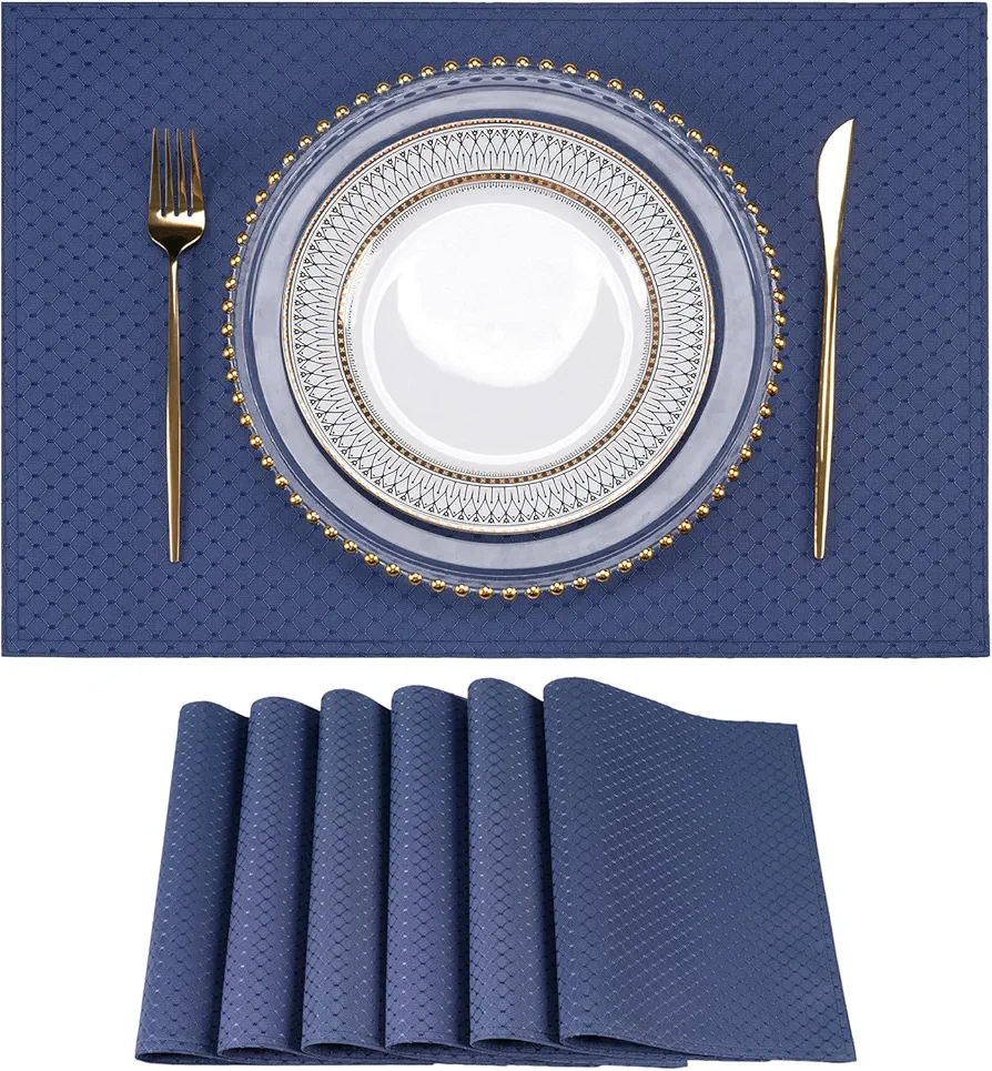 Eforcurtain Navy Blue Cloth Placemats Set of 6, Machine Washable Thick Place Mats, Heat Resistant and Easy to Clean Fabric Table Mats for Kitchen Dining Table