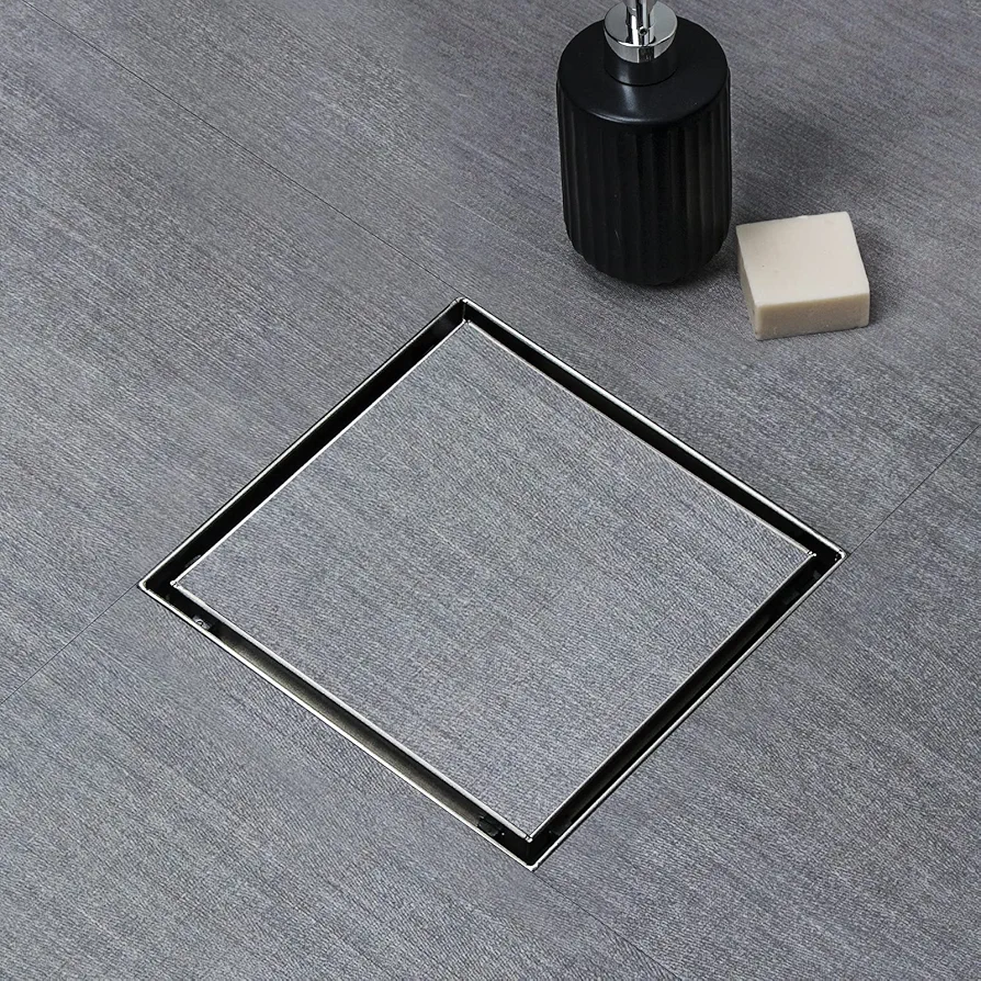 SaniteModar Shower Drain, Invisible 6 inch Square Shower Drain 2-in-1 Tile Insert Cover, 304 Stainless Steel Brushed Shower Floor Drain with Hair Catcher and Threaded Adapter