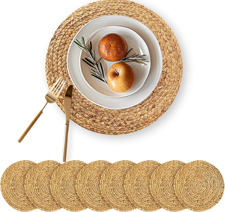 Round Woven Placemats Set of 8, 13.5 Inch Rattan Boho Placemats Water Hyacinth Placemats Farmhouse Wicker Placemats Heat Resistant Placemats for Dining Table Indoor Outdoor Placemats