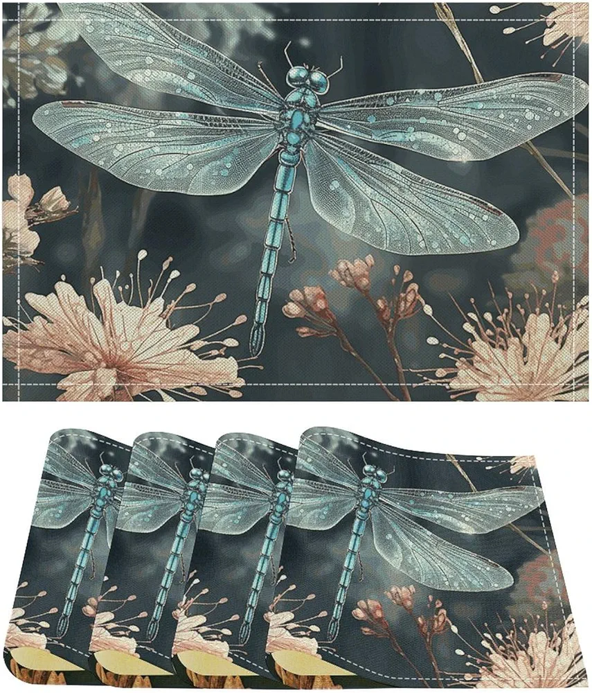 Placemats Dragonfly Flower Place Mat Set of 4 Non-Slip Table Mats Heat Resistant Place Mats Washable Placemat for Kitchen Table Anti Slip Dining Table Place Mats