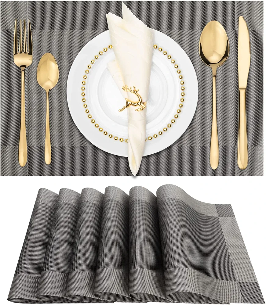 Winknowl Placemats for Dining Table Set of 6 Waterproof, Woven Place Mats for Kitchen Table Vinyl Heat Insulation Stain Resistant Placemats (Gray)