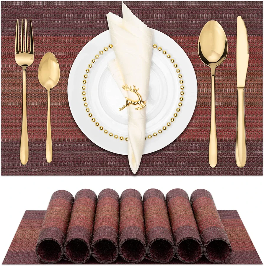 Winknowl Placemats, Set of 8 Heat Resistant Stain Resistant Woven Vinyl Insulation Placemats, Durable Washable Elegant Table Mats for Dining (Red)