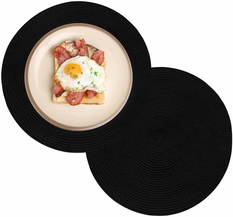 Round Placemats Set of 2 Black Place Mats Washable Woven Placemat Solid Color Circle Braided Heat Resistant Table Mat for Kitchen Dining Table Party Home Decor 13 Inch